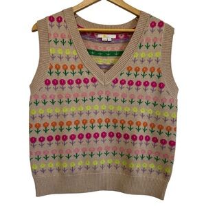 Boden Colorful Floral V-Neck Knit Sweater Vest Women's Size Small